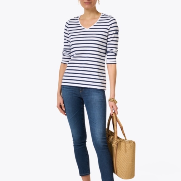 Saint James Navy & White Striped V-Neck Tee size FR 38 US 6 - Picture 1 of 7